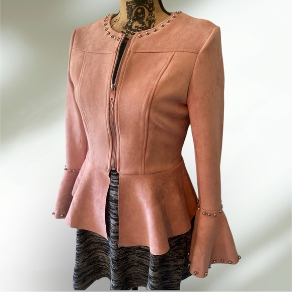 Light Rose Pink Faux Suede Bell Sleeve Jacket - Picture 2 of 12
